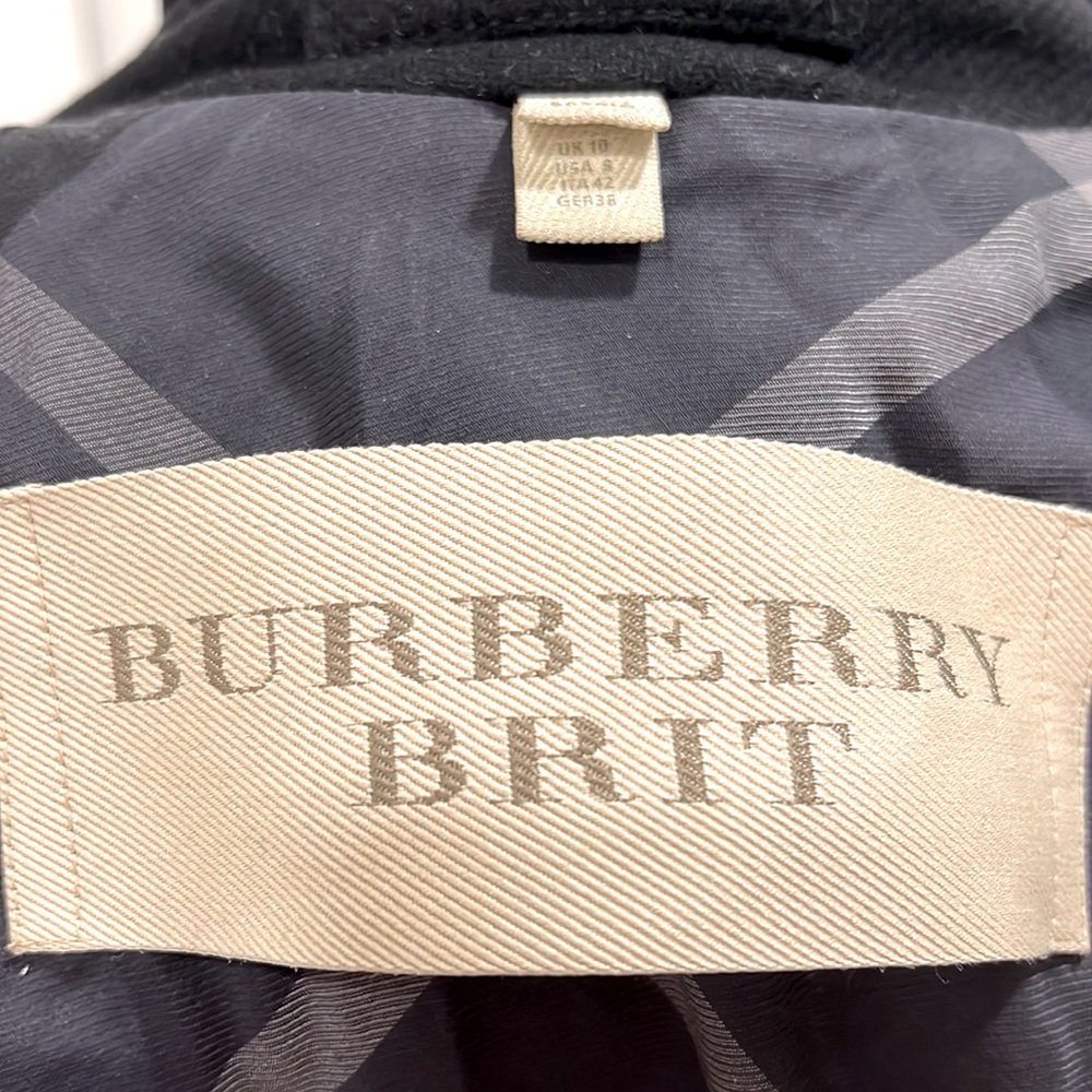 Burberry Brit 'Elmwyn' Leather Trim Fit & Flare Wool Blend Coat- Black UK 10 - Picture 4 of 5